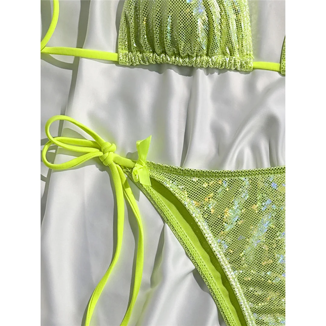 Glitzernder, funkelnder Neckholder-Bikini, Damen-Badebekleidung, zweiteiliger Bikini-Set, Badeanzug mit hohem Beinausschnitt, Badeanzug, Schwimmanzug V7269 – Detail 20