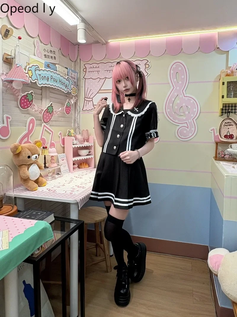 Sweet Cool Girl Lolita Original Design Navy Collar Sailor Uniform Suit Y2k Subculture Japanese Short-sleeved Shirt + Skirt Suit