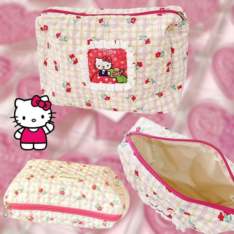 Hello Kittys Sanrio-Bolsa de cosméticos Kawaii Anime, bonito patrón, belleza, dibujos animados, maquillaje, almacenamiento de artículos de tocador,