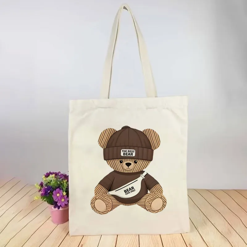 1 Printed Canvas Bag, Cute Brown Teddy Bear Cartoon Animal Unisex Breathable Trucker Driver Portable White Crossbody Bag with Cl