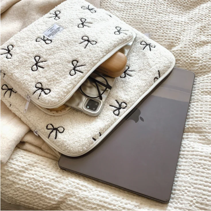 Cotton Bow Macbook Computer Protective Notebook Case Women Briefcase Black White Cotton Cute Bow Laptop Sleeve Tablet Carry Case