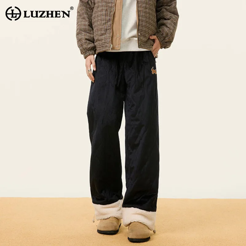 

LUZHEN стильные утолщенные теплые прямые повседневные брюки с вышивкой логотипа из овечьей шерсти, мужские зимние красивые мужские брюки 2025 года JY4883