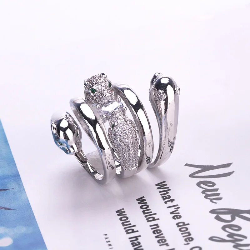 Europe America Fashion New Style Men Women Lady Inlaid Cubic Zircon Four Leopard Heads Silver Color Ring Size US6-US9 image 5
