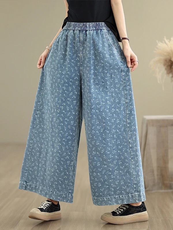 

Retro Chinese Sle Wide Leg Jeans Women's Loose Fit Printed Personali Slim Straight Pants Summer Casual Long Trousers