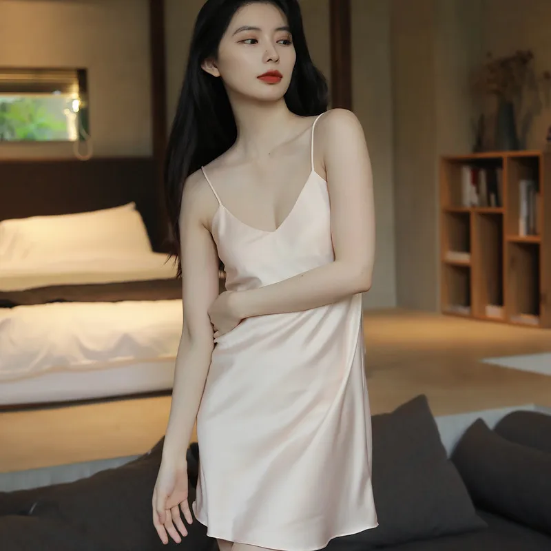 High Quality Summer Sexy Silk Slip Nightdress Pajamas Women's Thin Ice Silk Home Sleeveless Dress Women Solid Home Wear