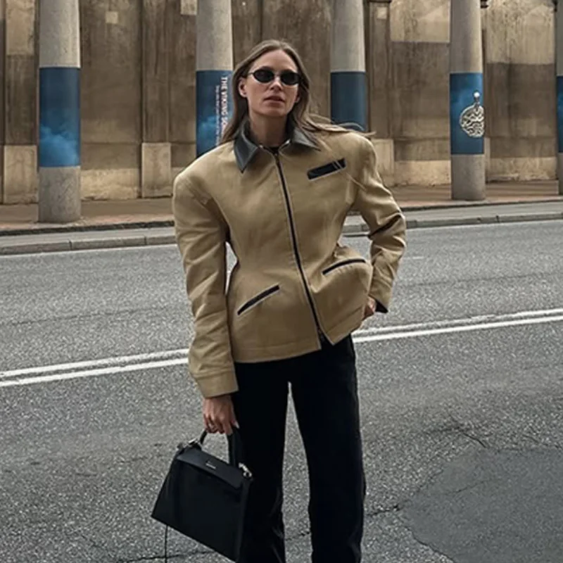 Leather Lapel Collar Double-head Zipper Short Jacket Casual High Street Style Coat 2025 Autumn Fashion Women's Clothing - view 4