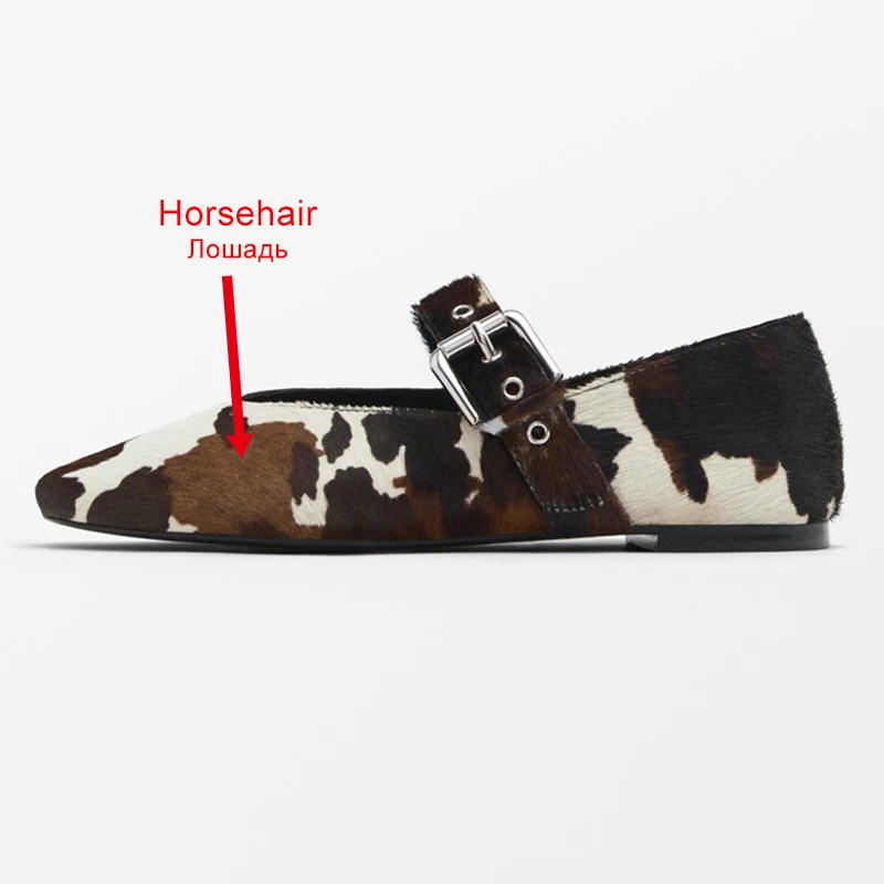 YATAGODY Women Cow Pattern Flats Shoes Horsehair Real Leather Casual Mary Jane Shoes Classic Square Toe Leisure Daily Office