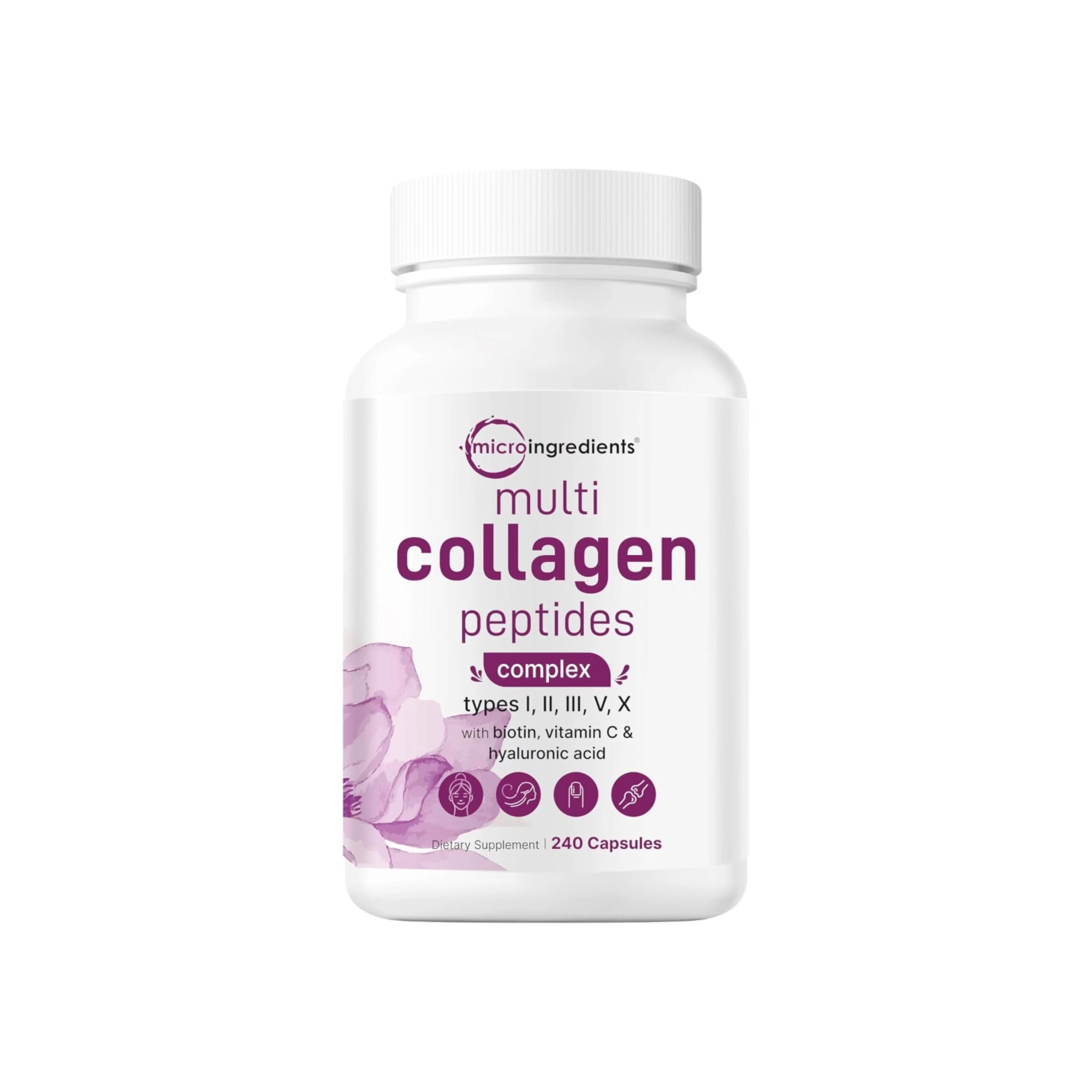 Micro Ingredientes Multi-Colágeno 240 Cápsulas Péptídeos de Colágeno Hidrolizado MultiTipo con Biotina, Ácido Hialurónico y Vitamina C