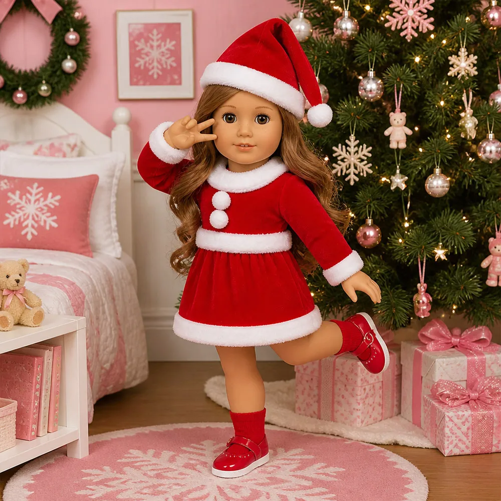 Velvet Santa Christmas Doll Outfit Set Fit for 18 Inch American Doll & 43cm Baby Doll Dress Santa Hat Socks Boots Girls Dress‑up