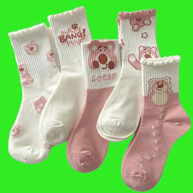 

5/10 Pairs Thin Medium Cap Socks Trendy Socks Versatile Cartoon Women's High Quality Fashion Women's Socks Strawberry Bear Socks