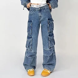 Pantalones vaqueros de trabajo para mujer, pantalón de cintura alta con bolsillo abatible, holgado, 2024