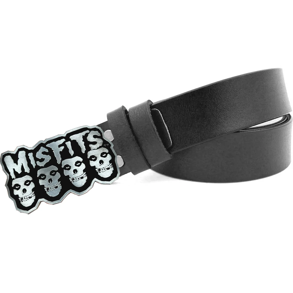 Funny Misfits Skull Belt Buckle with Genuine Leather Long Belts for Men