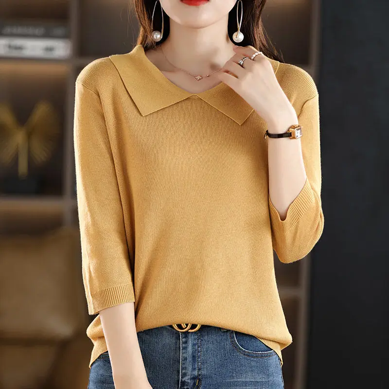 2024 Spring Summer Women Korean Fashion Polo Collar Elegant Knitwears Female Simple Casual Solid 3/4 Sleeve Loose Pullover Tops