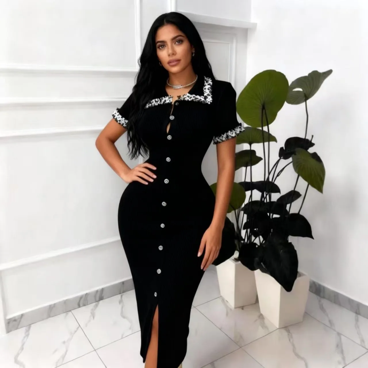 Sexy Knitting Lace Patchwork Dress Women Short Sleeve Lapel Single Breasted Dress Elegant Slim Office Lady Streetwear Vestidos