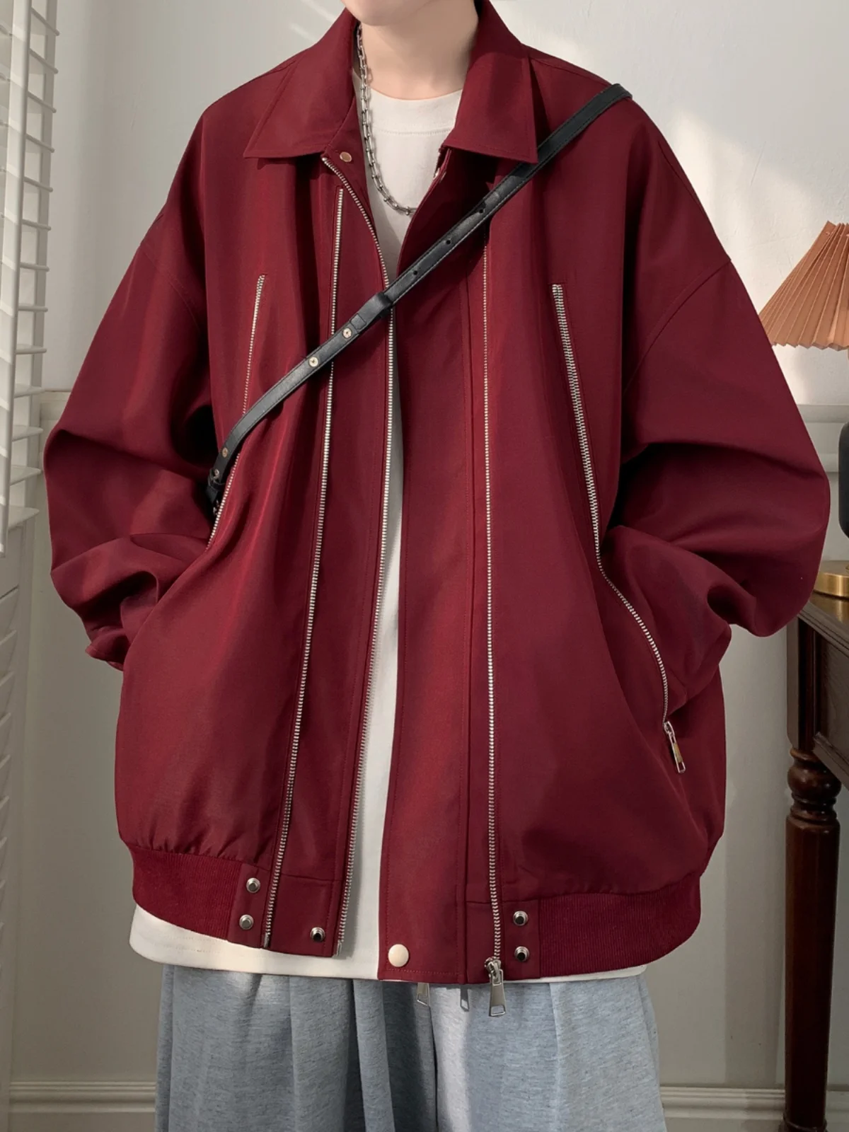 

Красная мужская винтажная куртка-пилот на весну-осень, свободного кроя, с длинными рукавами, ветрозащитная верхняя одежда с карманами на молнии