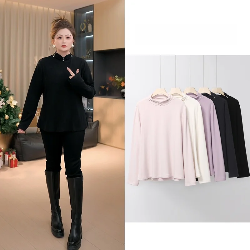 

Новая зимняя футболка больших размеров с жемчужным декором, длинным рукавом, высоким воротником, свободного кроя, для девочек-подростков