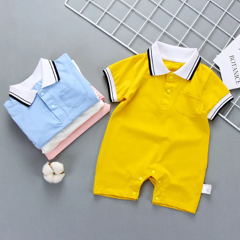 Baby Boys And Girls Summer Lightweight Solid Color Short Sleeve Turn-Down Collar Pocket Romper Convenient Casual Basic Playsuits