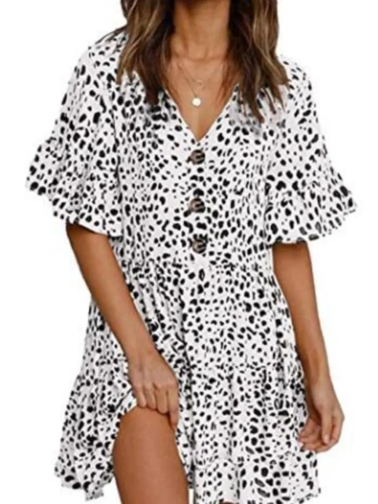 Summer Women\'s New Dress Short-sleeved Loose Button V-neck Leopard Print Splicing Lotus Sleeve Skirt Women Beach Vacation Style