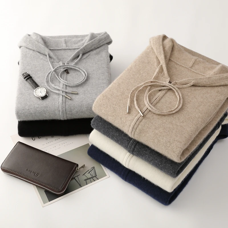 

Выбор мужской толстый свитер из чистой шерсти, пальто, кардиган на молнии, осень-зима, вязаный карман с капюшоном, трикотаж из 100% мериносовой шерсти, топы