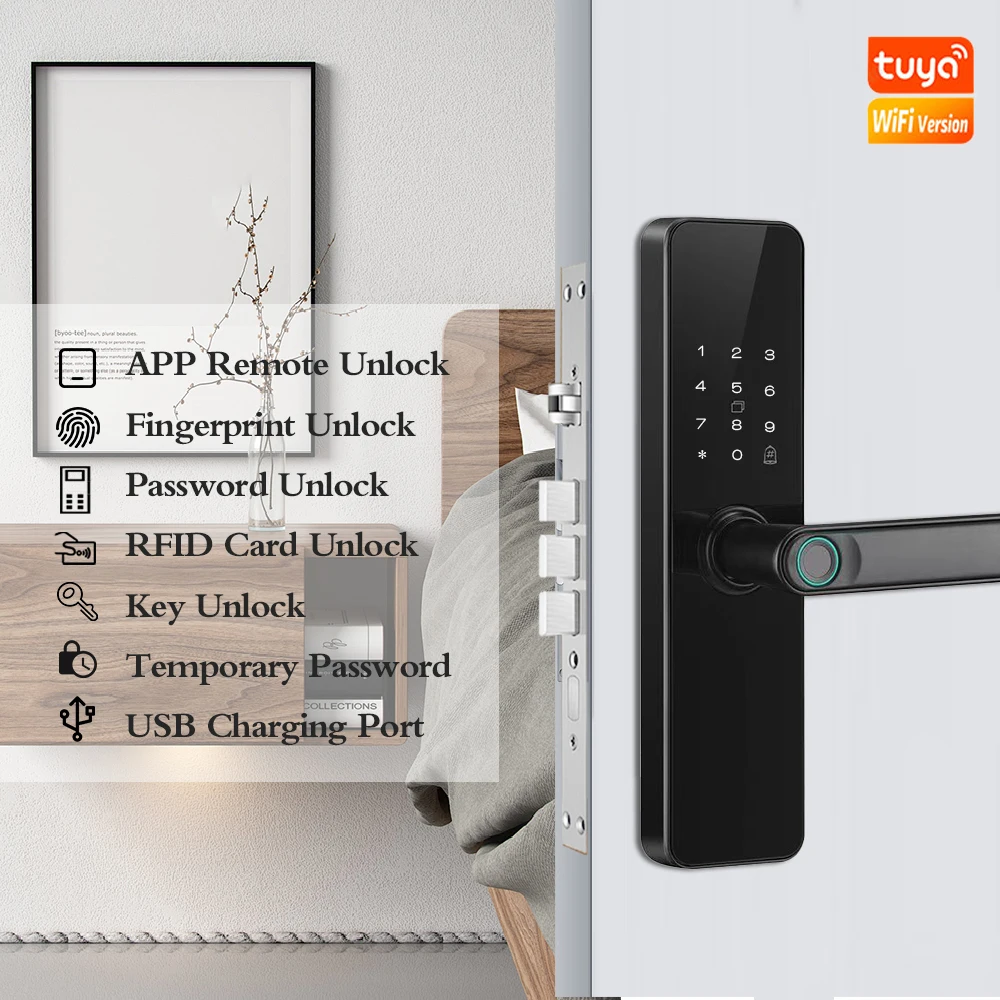 New WIFI Smart Door Lock With Tuya APP Digital Electronic Lock Smart Home Wooden Door Lock Biometric Fingerprint