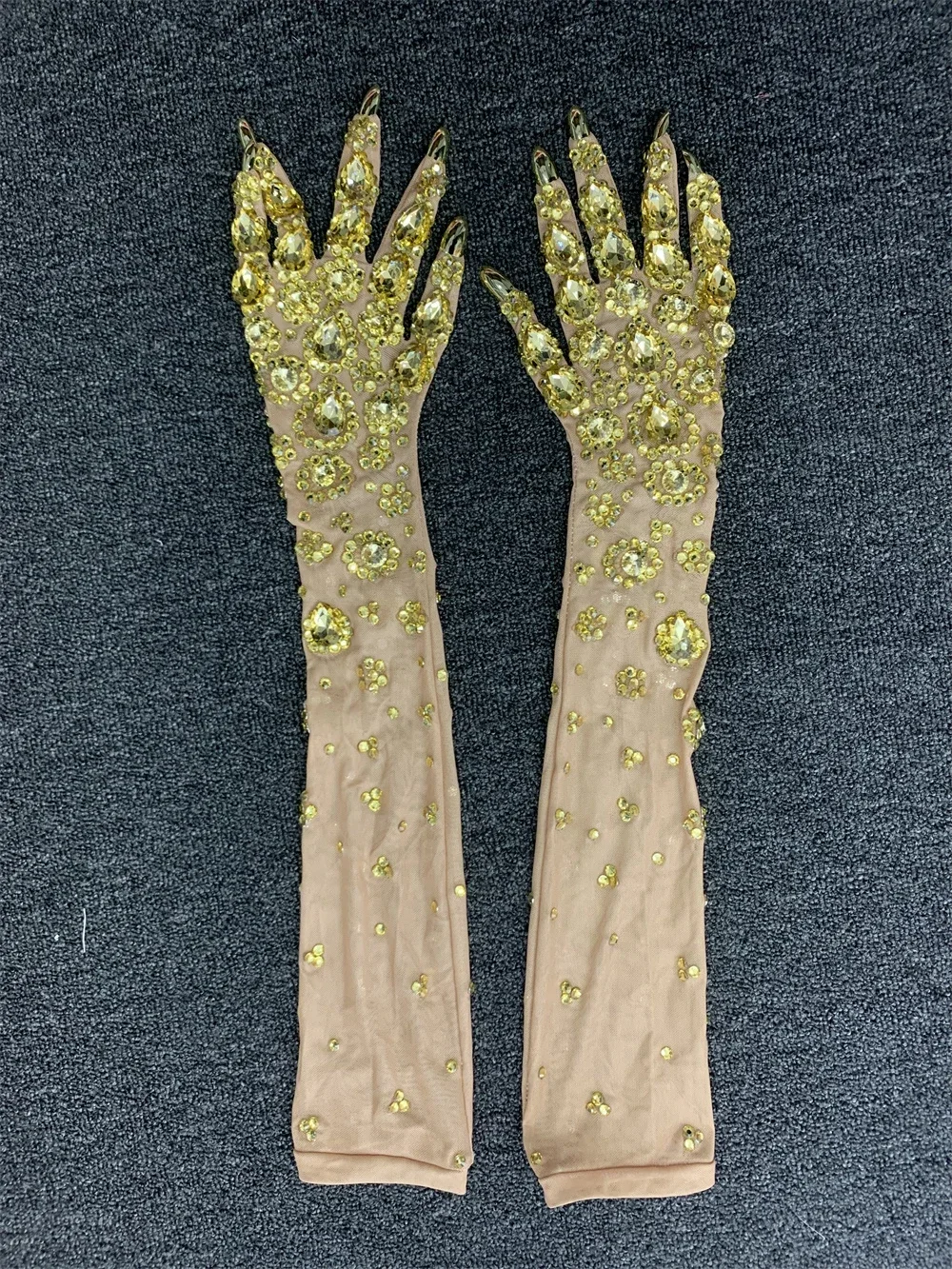 Luxurious Gold Rhinestones Mesh Long Gloves Women Dancer Singer Nightclub Stage Elasticity Show Accessories Sparkly Decoration