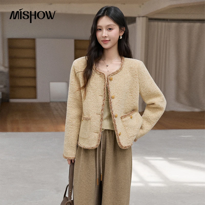 MISHOW Women's Winter Jacket Wool Blend  Elegant Lady Style Tweed Cropped Coat 2026 New Contrast Trim Daily Clothing MXF53W1163