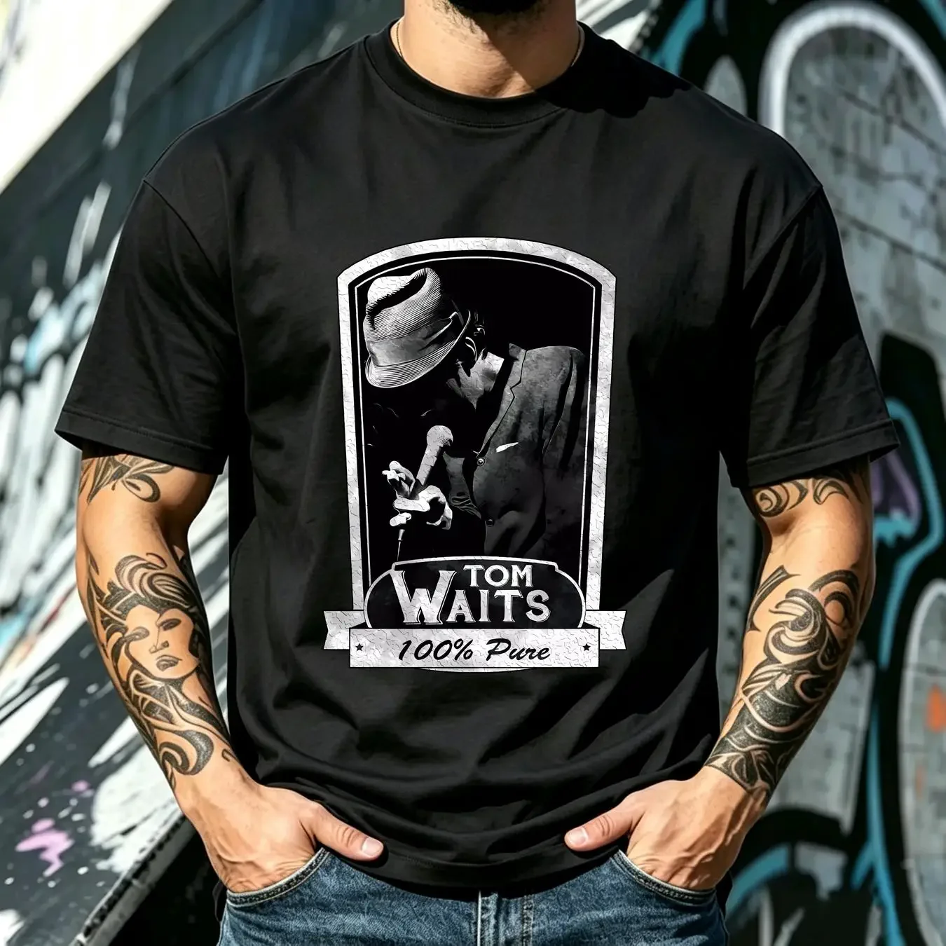 washed T Shirt Tom Waits Vintage Black D86534 long or short sleeves vintage Washed Versatile Soft Top For Everyday Wear