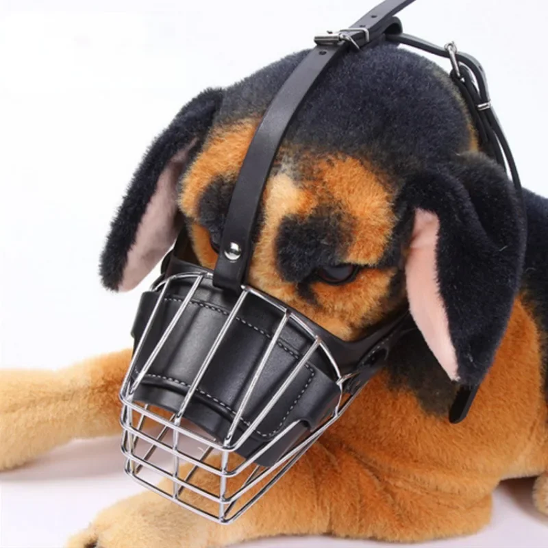 Pet Dog Adjustable Anti-Bite Metal Muzzle Mouth Cover Breathable Leather Metal Basket German Shepherd Pet Muzzle Large Dog Mask