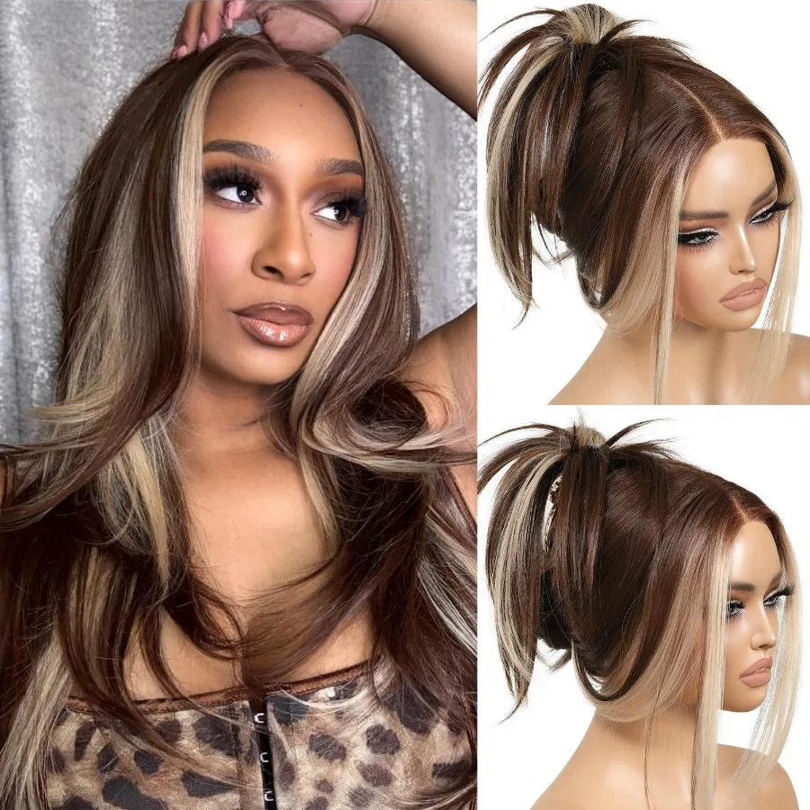 شعر مستعار بدون صمغ يمكن ارتداؤه وشعر مستعار بني مع الانفجارات تسليط الضوء على الباروكات الاصطناعية الدانتيل الجبهة الباروكات للنساء قبل قطع الدانتيل قبل قطعها بيكابو L #1