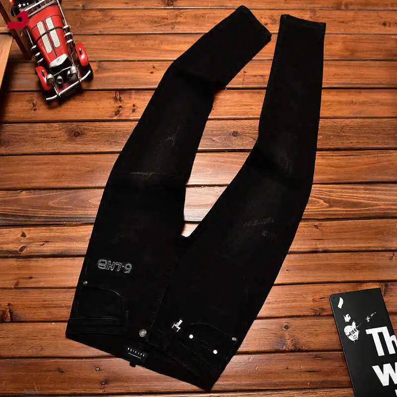 

Мужские джинсы премиум-класса, американского производства, с вышивкой, черные, узкие, эластичные, облегающие, модные, осенний тренд.