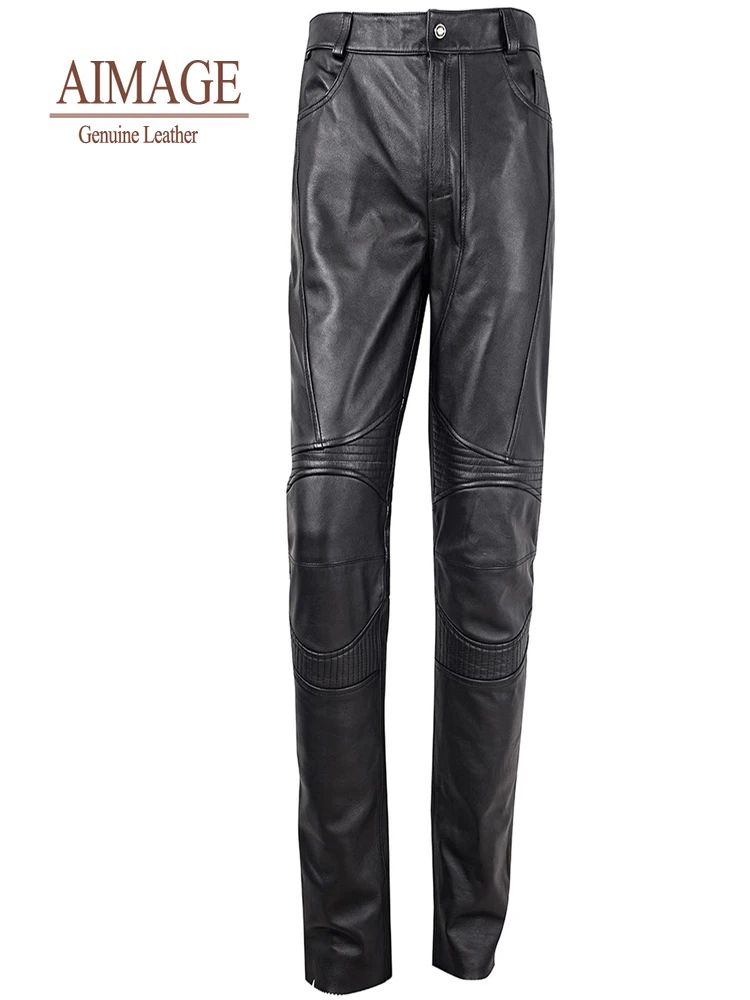 

Men Cowhide leather pants men's casual slim fit Motorcycle style handsome men natural trousers 100% genuine