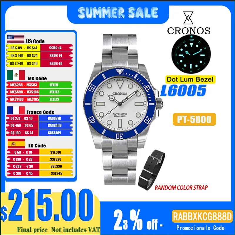 

Cronos Sub Diving Men Automatic Mechanical Watch No Date PT5000 Brushed Bracelet Adjustclsap Ceramic Bezel 200m Waterproof 6005