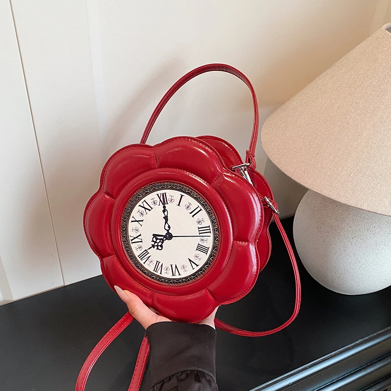 Women's Creative Shoulder Bag Round Clock Shape Crossbody Bag Retro PU Leather Designer Sweet Girl Phone Purse and Small Handbag