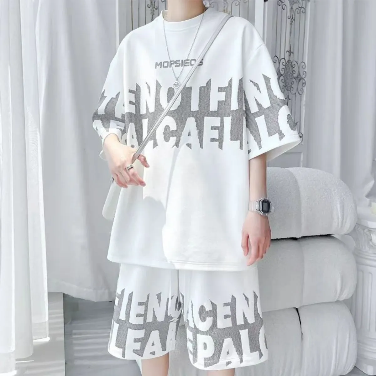 Men's fashion personality letter printed short sleeved shorts two-piece set outdoor sports breathable T-shirt set