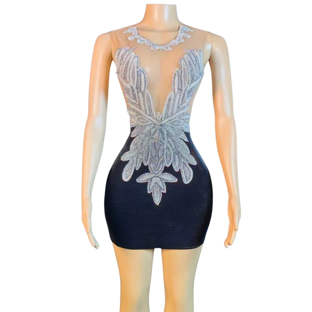 Damska Czarna Błyszcząca Sukienka Mini z Aplikacjami z Cyrkonii, Bez Pleców, Seksowna, Królowa Urodzinowa, Strój Sceniczny, Kostium Drag