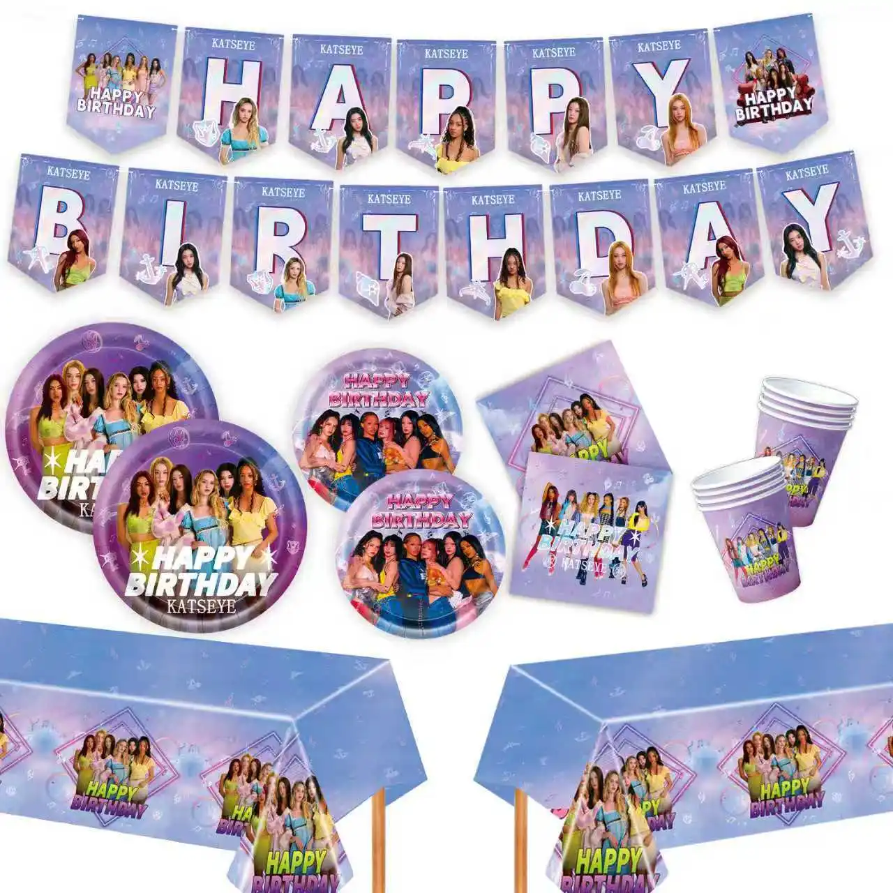 Articles de fête sur le thème K&Katseye Idol : Nappe, assiettes, gobelets, ballons, bracelets, décorations de gâteau et bannière pour les fans de Kpop