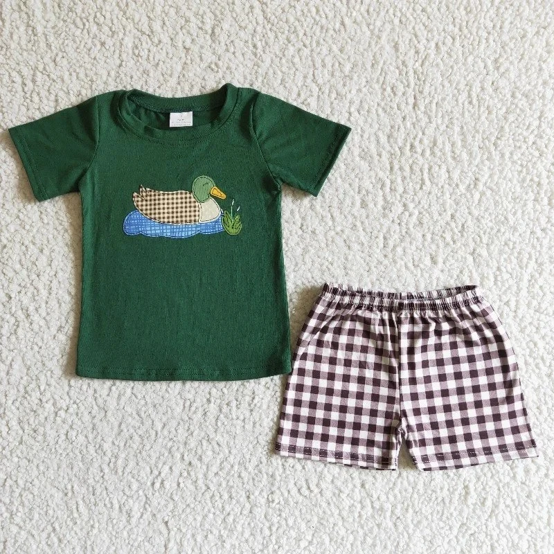 

Wholesale Baby Boy Summer Duck Applique Clothes Toddler Green Embroidery Shirt Top Children Plaid Shorts Kids Infant Outfit Set