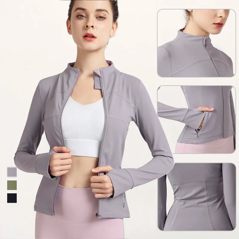 Yoga Top with Thumb Hole Long Sleeve Gym Top Quick-drying Fitness Suit Running Jacket Zipper Front Sports Blouse Women Jogging