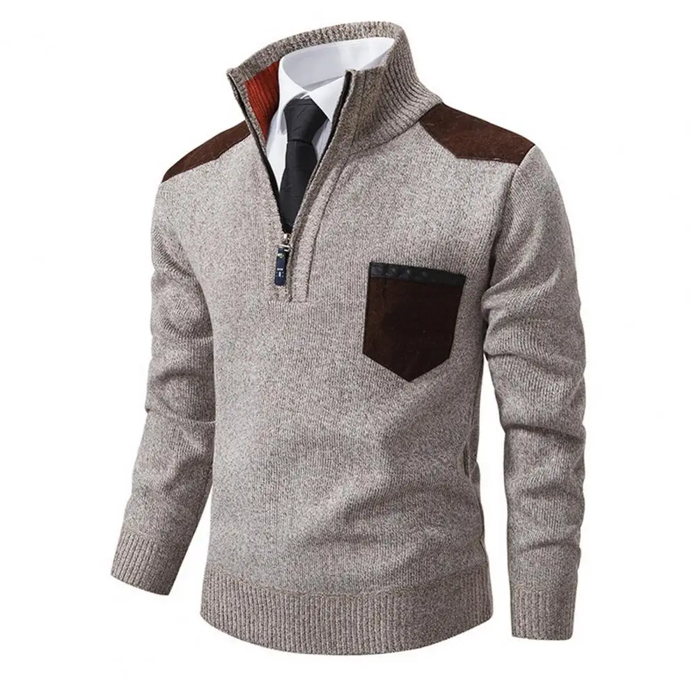 Men Contrast Pocket Sweater Men's Zippered Stand Collar Sweater with Chest Pocket Thick Knitted Pullover for Fall Winter Slim