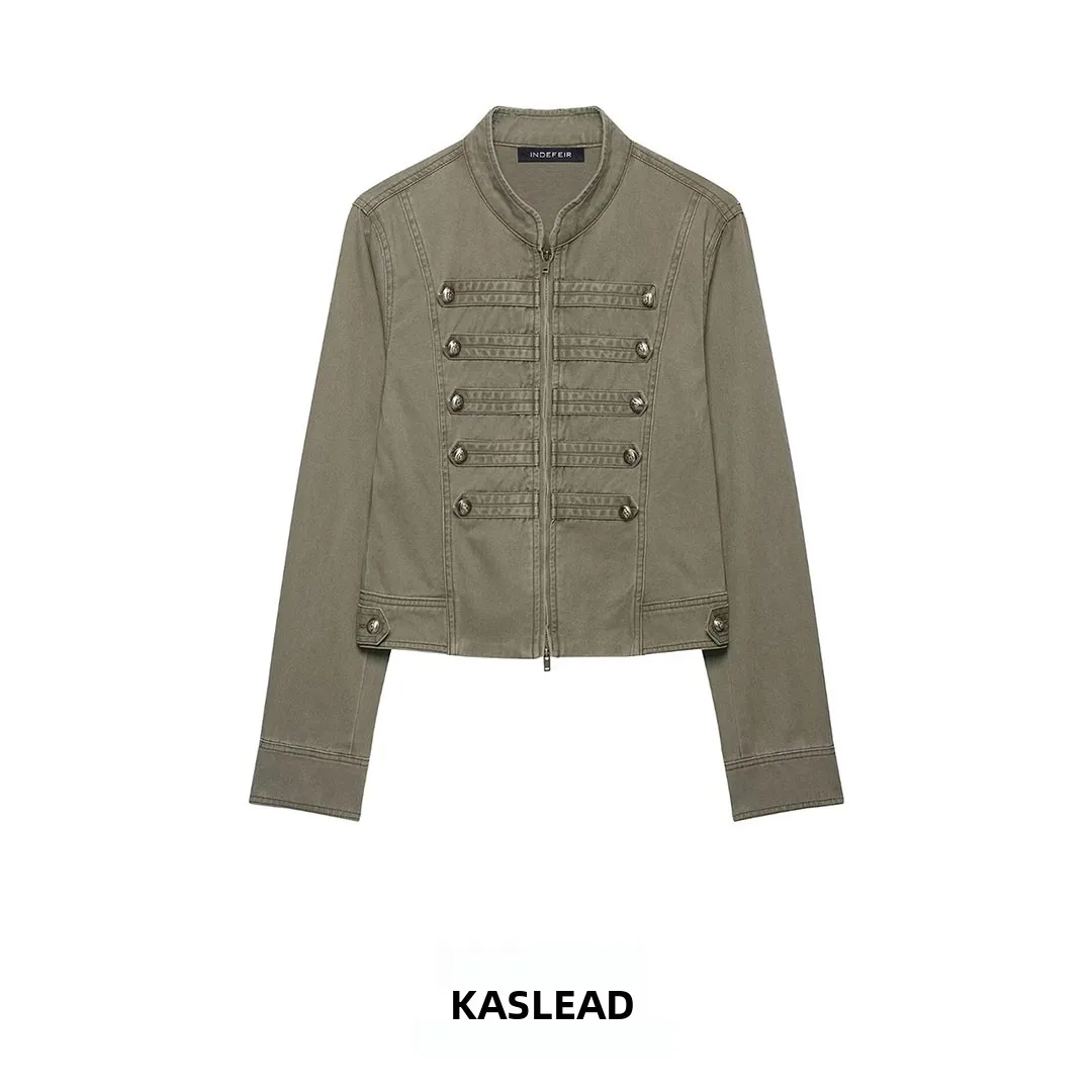 KASLEAD New Women's Fashion Design Sense Napoleon Button Stand Collar Zipper Jacket Short Outerwear Polyester Fiber 100%