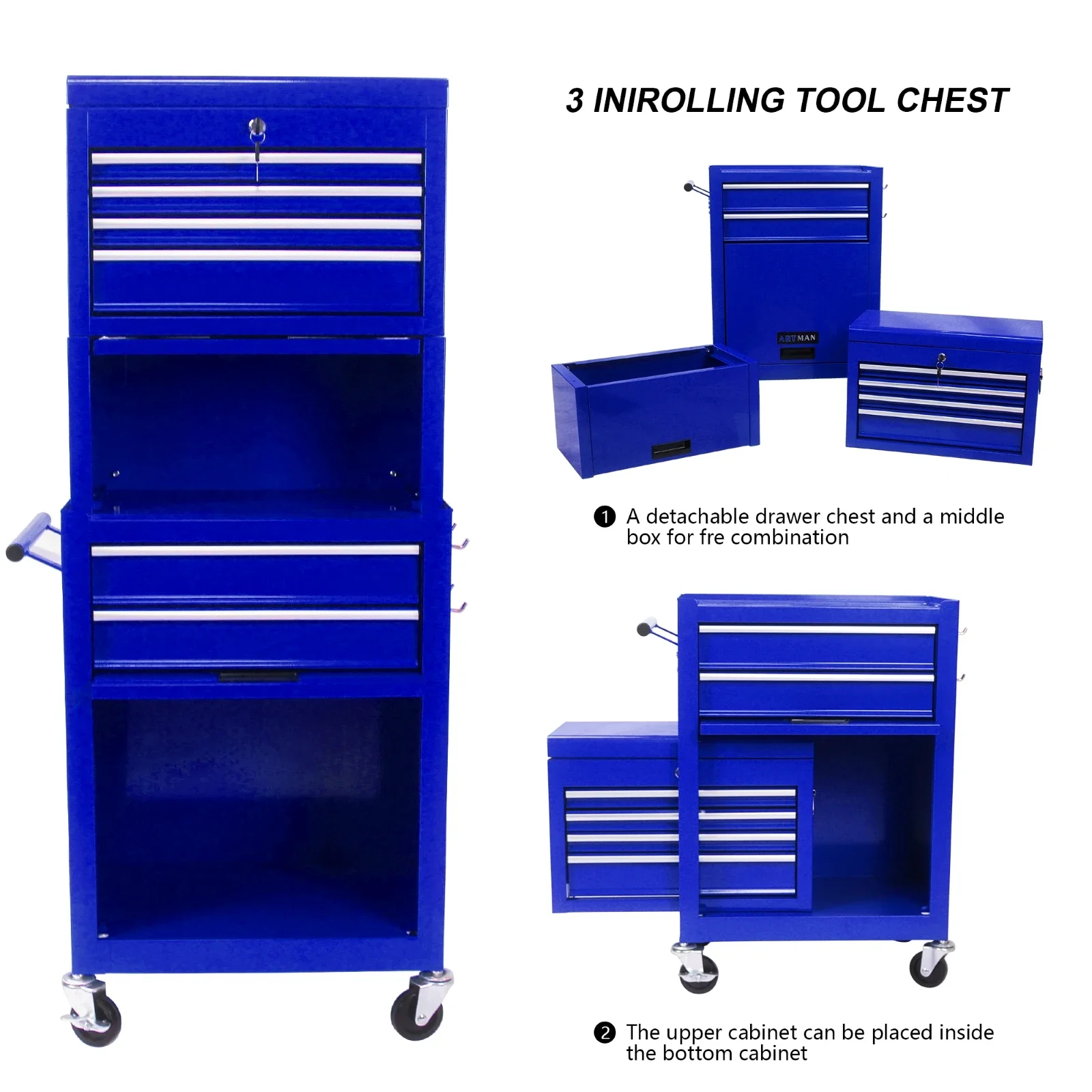 Rolling Tool Box, Garage Tool Box, 6 Drawer 2-in-1 Removable Lockable Tool Cabinet for Workshop, Warehouse, Repair Shop, Blue