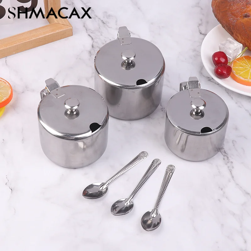 Practical Stainless Steel Sugar Bowl With Handle Lid Spoon Dustproof Waterproof Seasoning Jar Kitchen Restaurant Spice Container