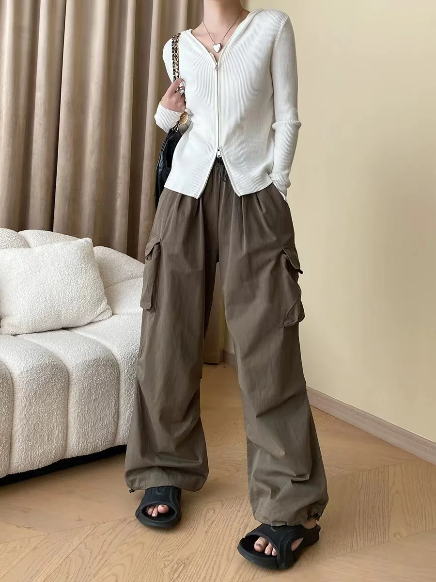 

Early Autumn Cotton Drawstring Feet Fold Workwear Style Wide Leg Solid Color Versatile Casual Pants