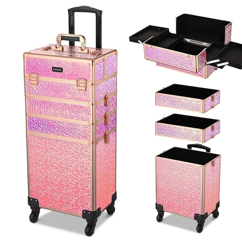 

Rolling Makeup Train Case 4in1 Cosmetic Trolley Organizer Travel Case Lockable Salon Barber Case Traveling Cart Trunk w/ Wheels