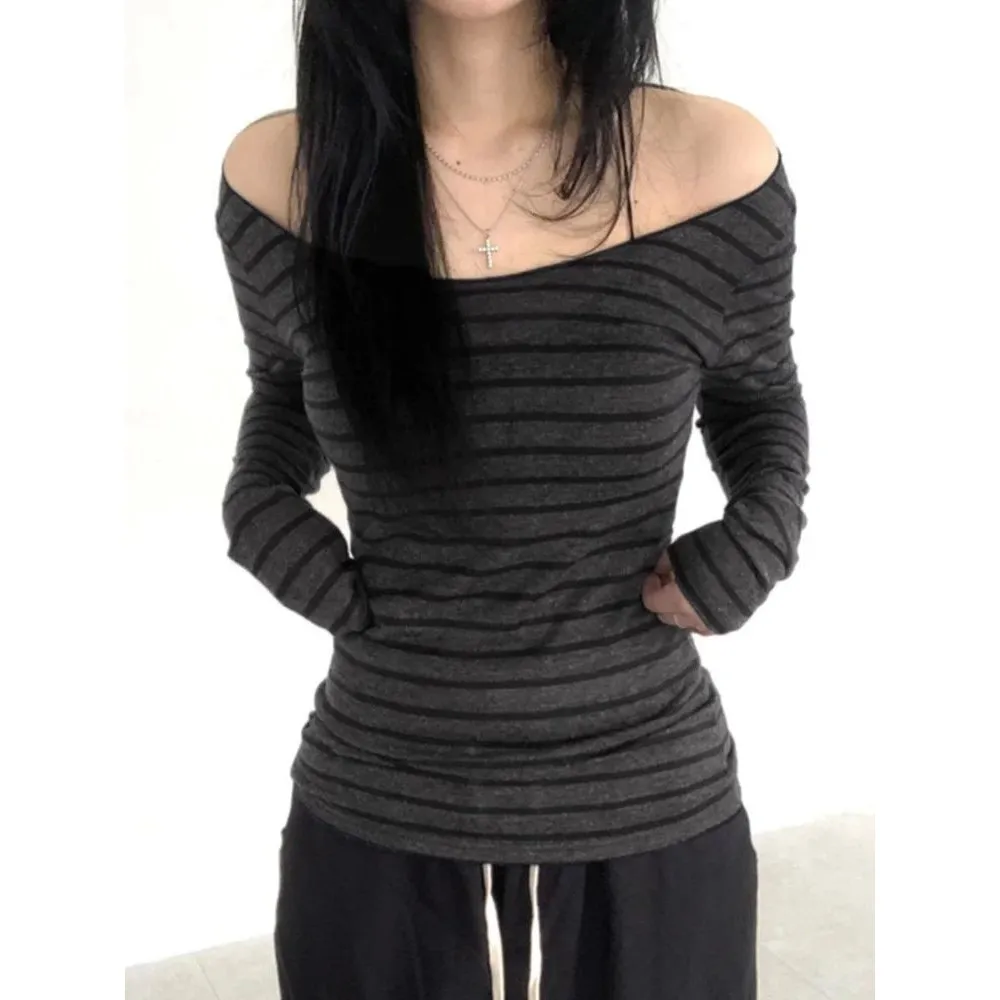 

Harajuku Basic Slim Long Све в полоску Футболка с открытыми плечами O Ne Весна 2026 Женский свитшот Другой материал 00%