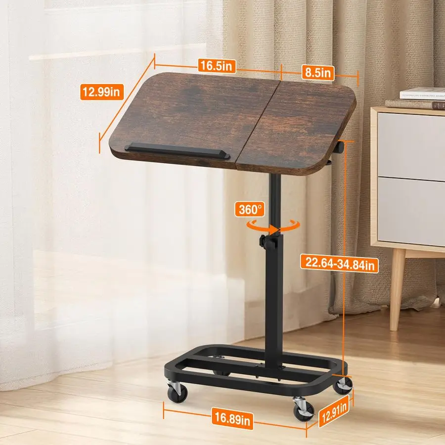 

LargeSize Portable Laptop Rolling Desk with Wheels, Adjustable Height and Tilt Top Stable Mobile OverBed Table for Home Use Bro