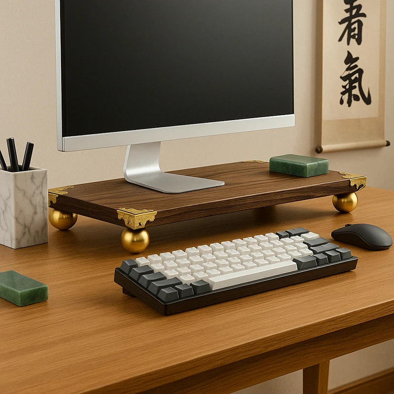 

Деревянная подставка для монитора с латунными шариковыми ножками и угловыми ограждениями, полка в китайском стиле для настольных ПК, ноутбука или дисплея