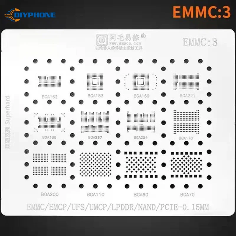 

Стальной трафарет для реболлинга Amaoe NAND Flash EMMC для BGA162 BGA186 BGA254 BGA221 BGA153 BGA169 EMCP/EMMC Ремонт оловянной сетки для посадки