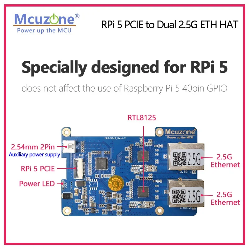 Modelo: MP2.5GD, Rasbperry Pi5 PCIE a Dual 2,5G Ethernet HAT,RTL8125, compatible con RPi OS,openwrt y Ubuntu