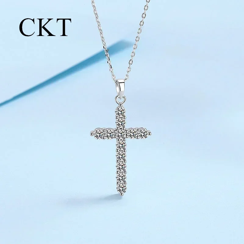 

18K White Gold Platinum Cross Necklace for Women 0.36-3.6 Carat Moissanite Pendant Pt950 Chain Sparkling Wedding Jewelry